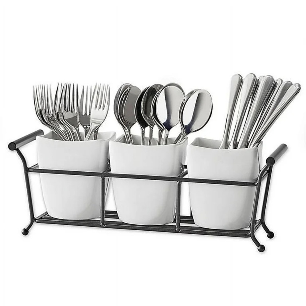 3-Compartment Flatware Organizer with White Ceramic Cups and Black Frame